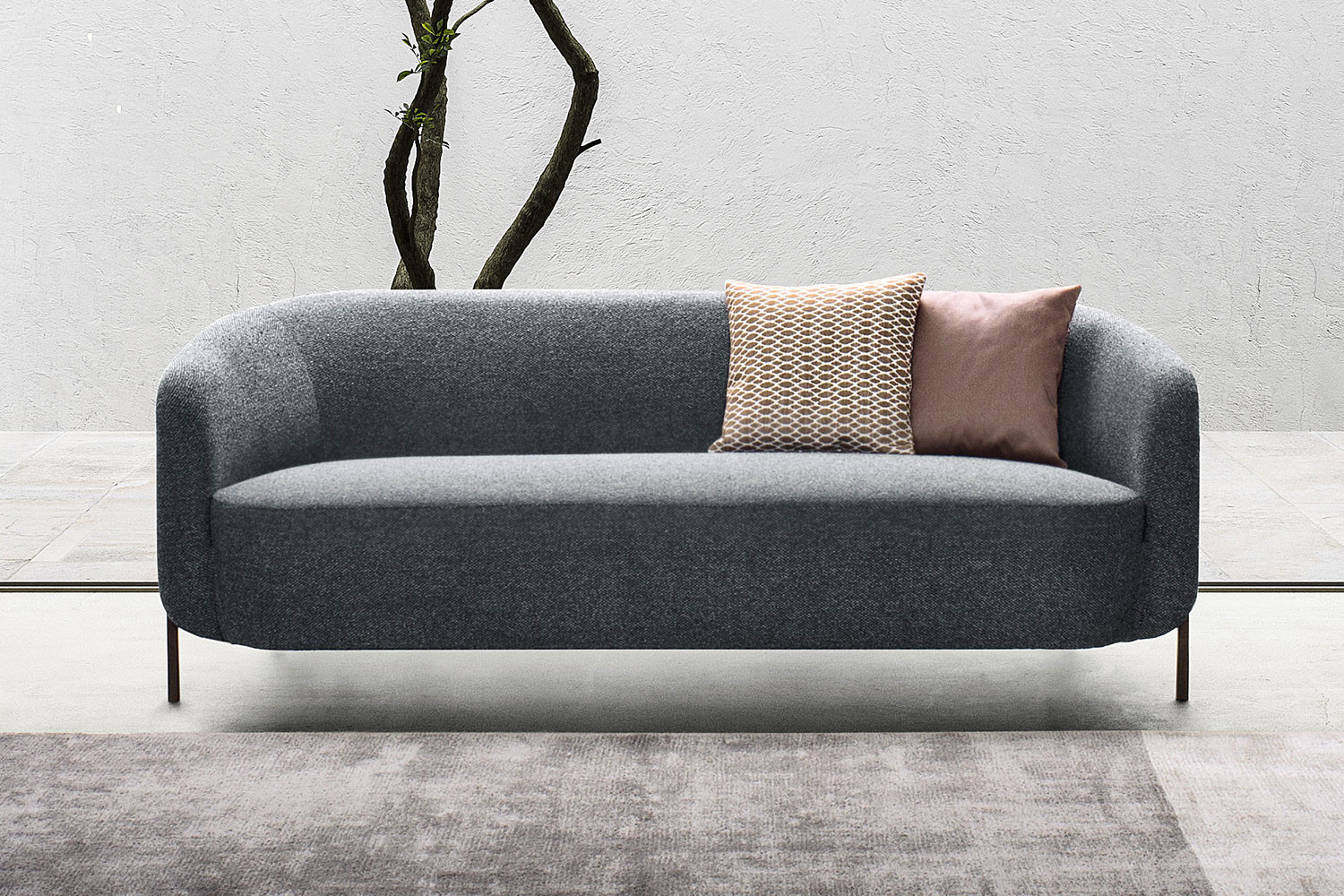 Curved back 2 or 3 seater sofa Ring with sleek metal legs