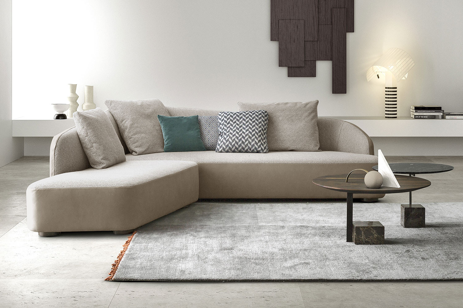 Modern curved designer sofa with asymmetrical backrest