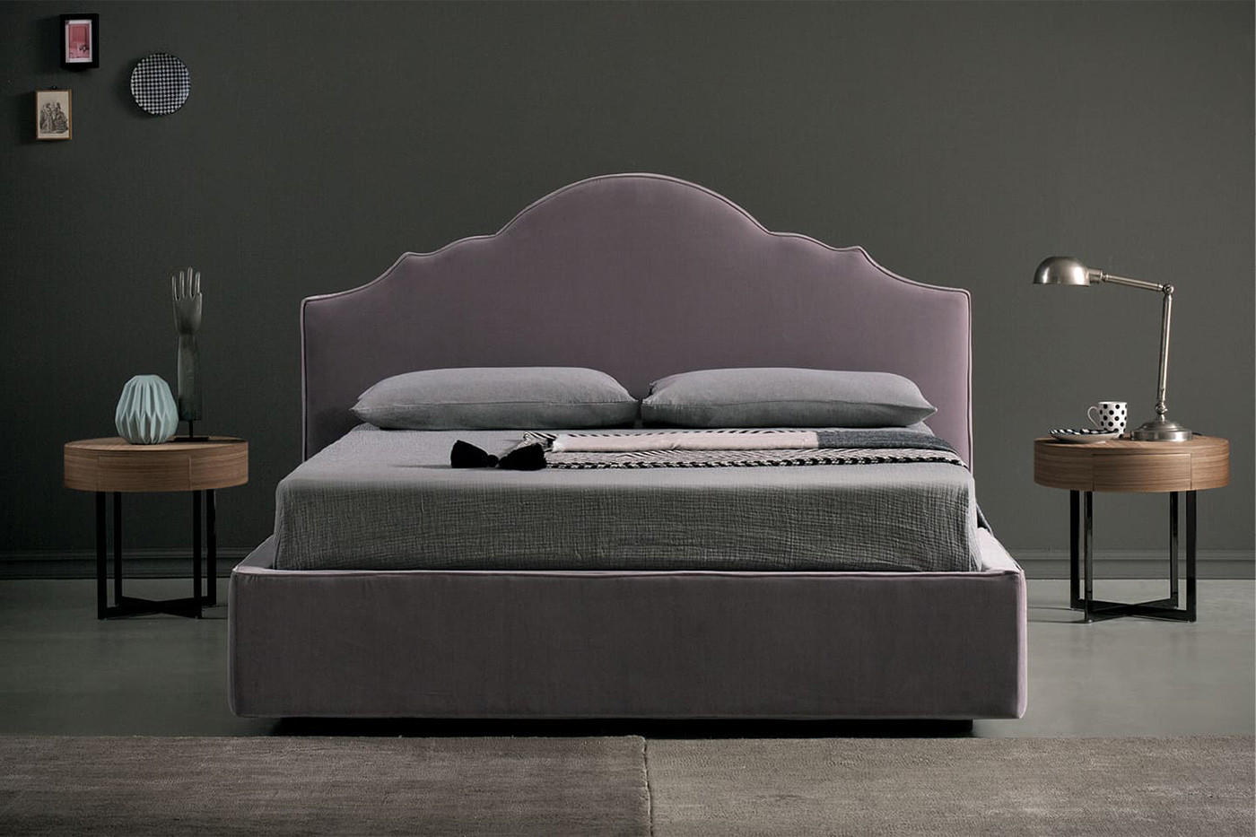 Upholstered scalloped headboard bed, available as a king size and super king size