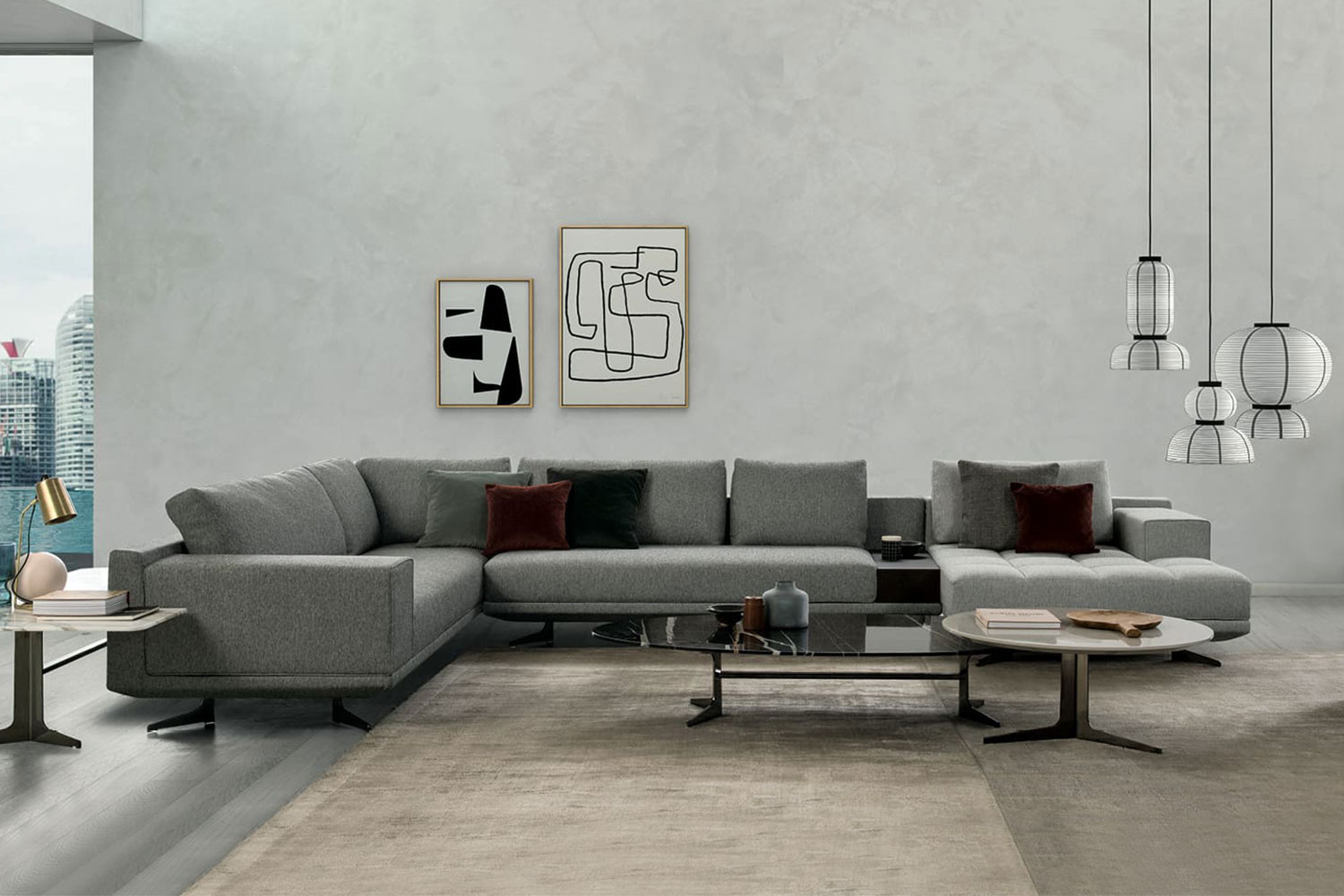 Contemporary sectional sofa with sled metal legs and low loose back, panoramic corner version