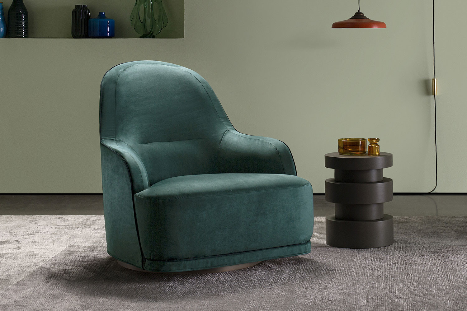 Low swivel club chair with high back