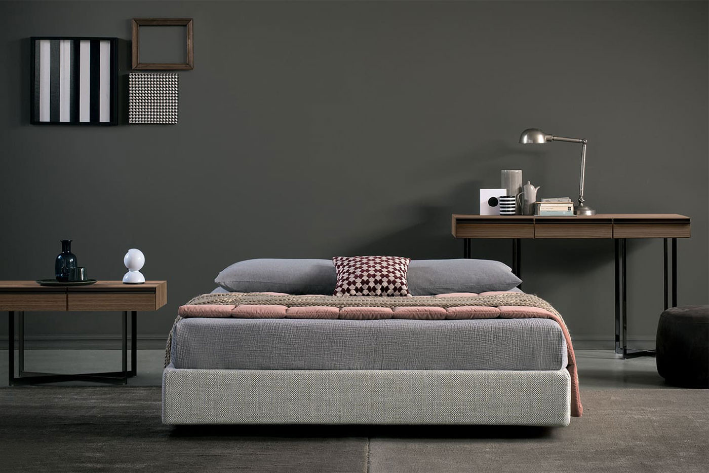 A space saving upholstered bed without headboard or footboard, available with or without storage