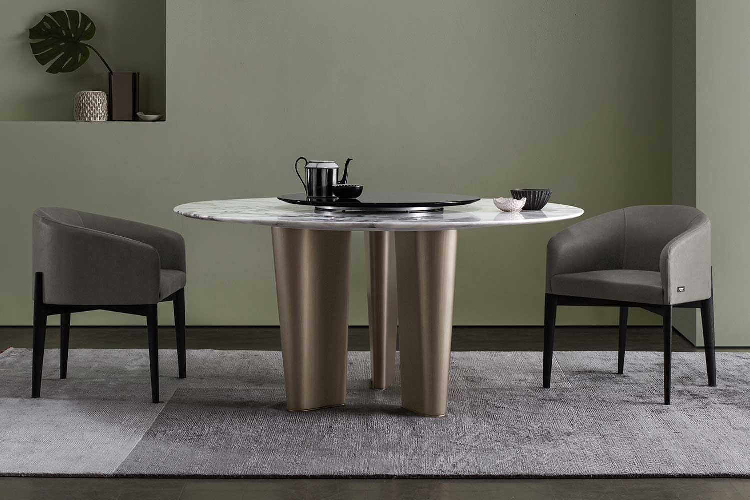 Luxury designer 3 legged marble and brass round dining table Otto