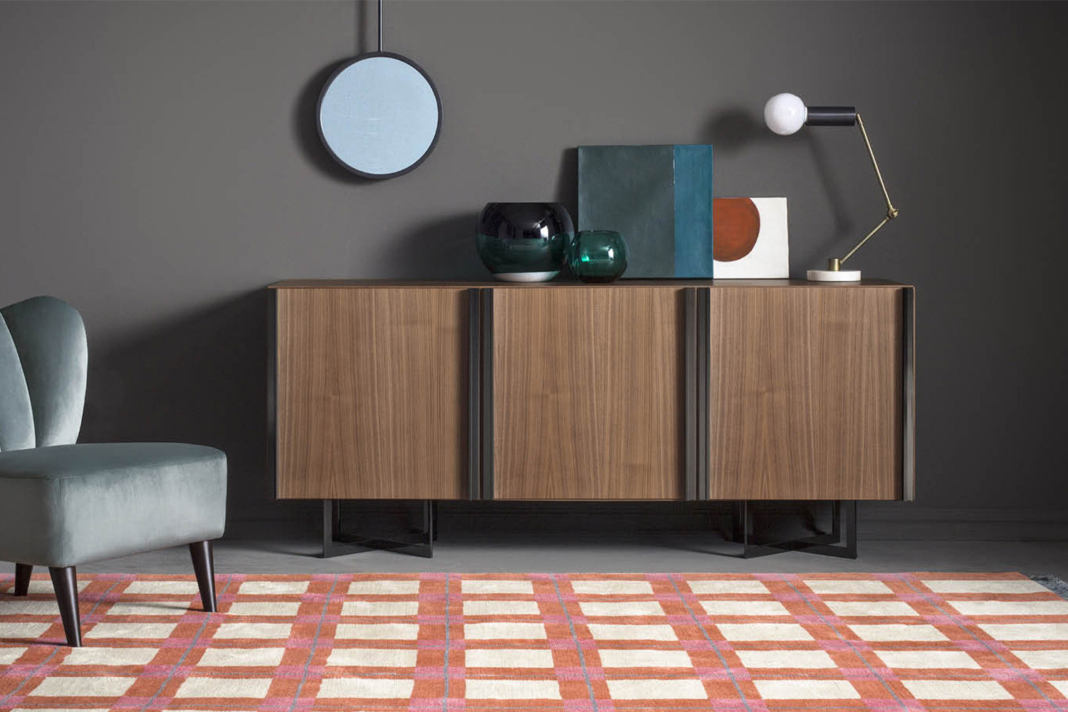 Contemporary walnut wood sideboard with metal cross legs