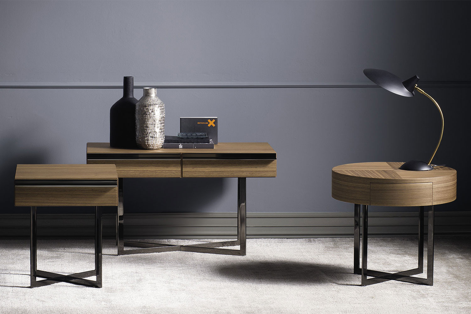 Cross leg side tables with drawer, in Canaletto walnut wood or custom RAL colours