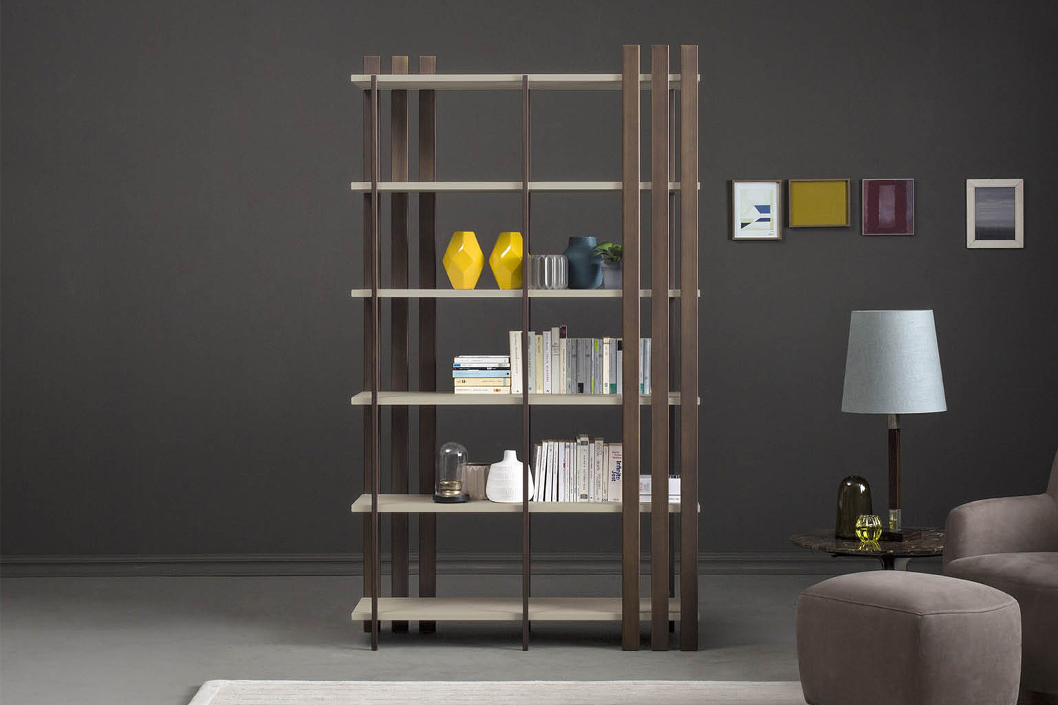 Tall free standing 6-shelf bookcase with walnut or lacquer shelves held together by 10 metal rods