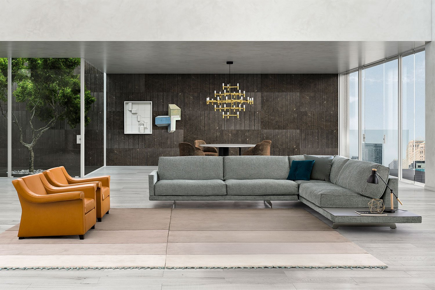 Komplettes Wohnzimmer mit Ecksofa mit integrierter Ablage und Sesseln