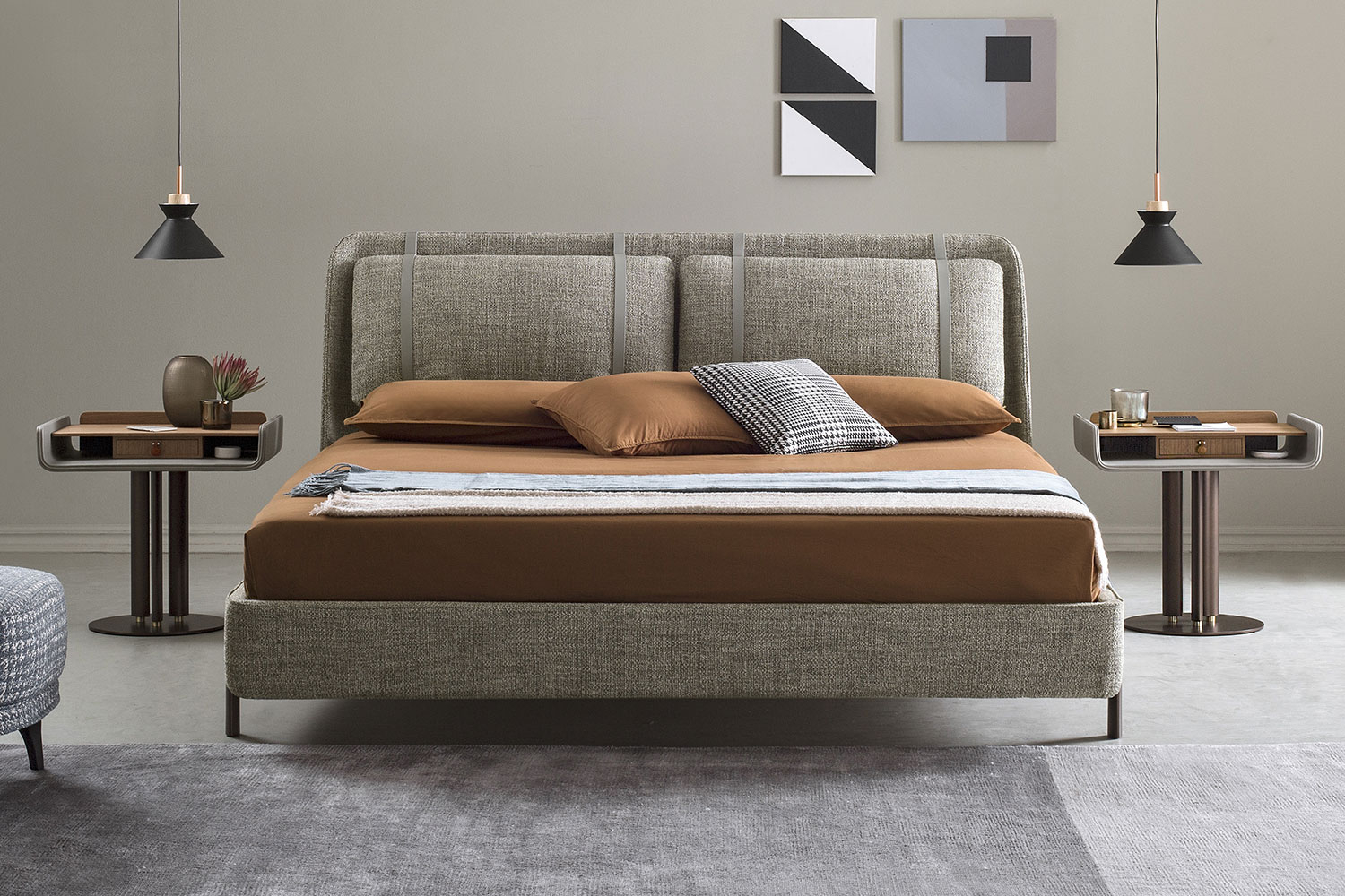 Angled upholstered platform bed Nara
