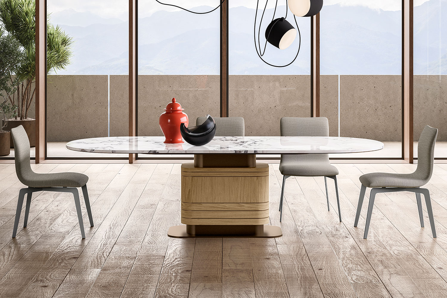 Pedestal dining table with wood and metal base Pilar