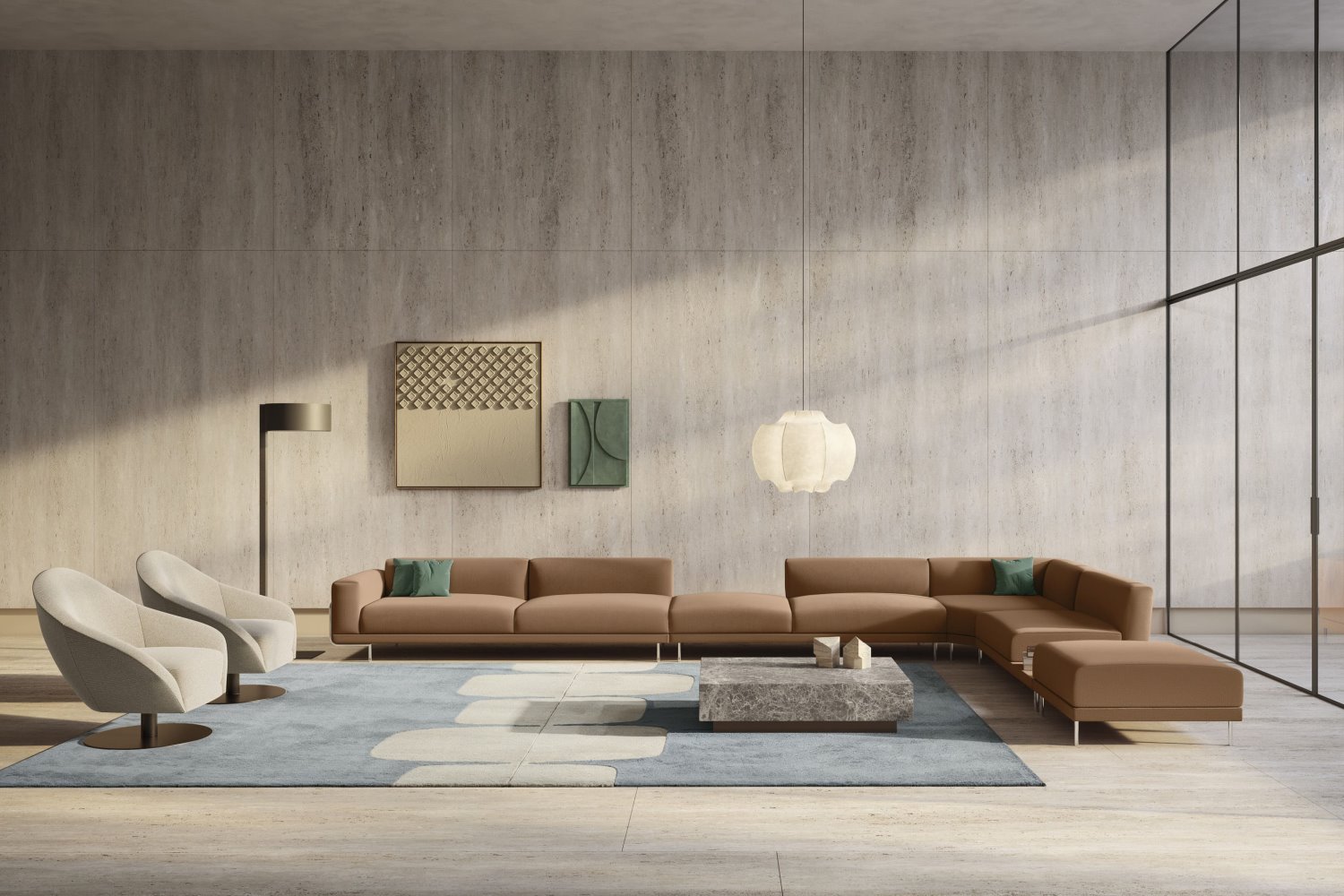 Salotto completo con grande divano angolare, tavolino quadrato centrale e poltrone girevoli