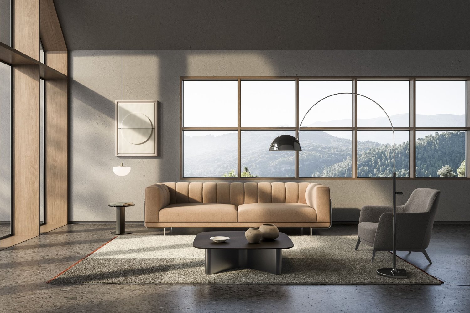 Salotto completo con divano lineare trapuntato, poltroncina e coppia di tavolini abbinati